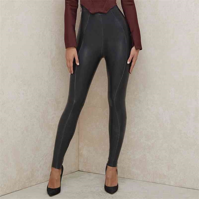 

women high waist buttocks bottomed leather pants solid color slim fashion spring summer 11B435 210525, Shiny black