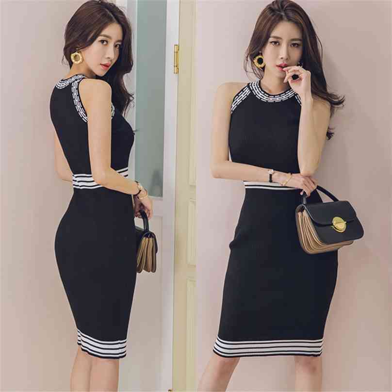 

Summer Black Sexy Knitted korean ladies Sleeveless O neck casual Party Bodycon Dresses for women clothing 210602