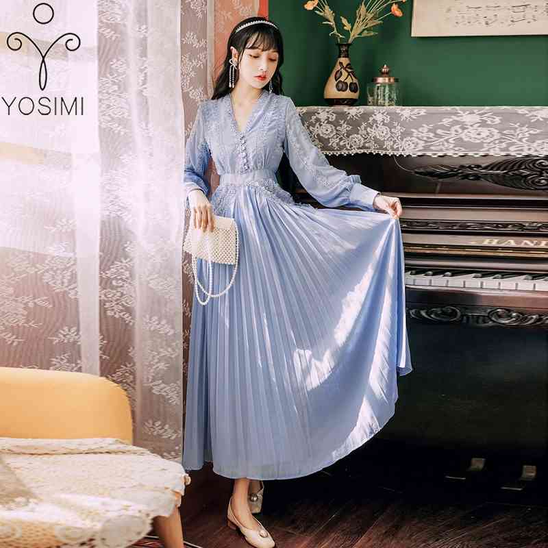 

YOSIMI Blue Lace Women Dress Autumn V-neck Lantern Sleeve Ankle-Length Pleated Long Evening Party Dresses Chiffon 210604