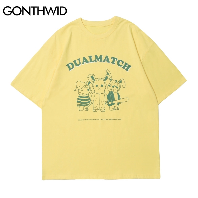 

T-Shirts Men Streetwear Hip Hop Harajuku Rabbit Cartoon Print Short Sleeve Tees Shirts Cotton Loose Casual Tshirts Tops 210602, Yellow