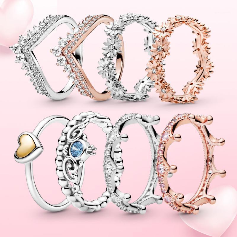 

Cluster Rings Real 925 Sterling Silver Ring Rose Gold Daisy Fresh Flowers Heart Sparkling CZ For Women Jewelry, Golden;silver