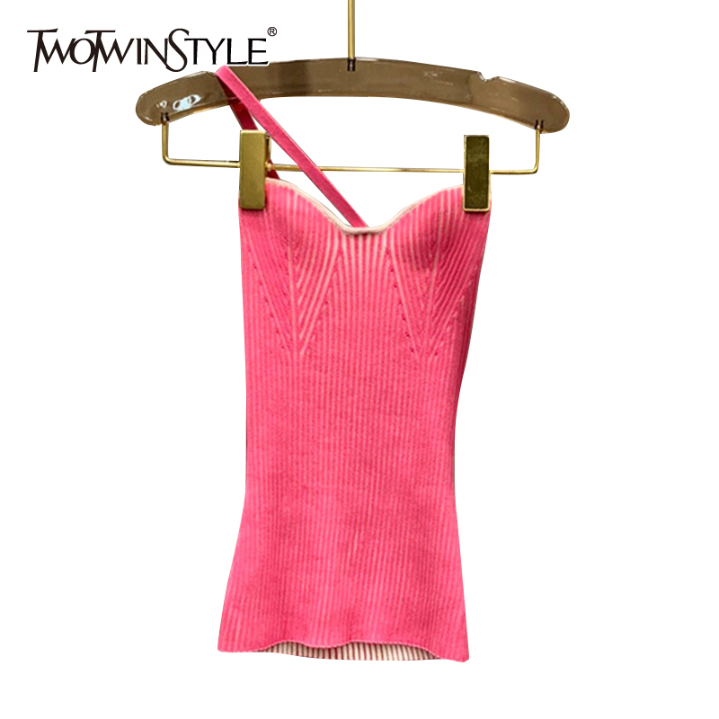 

Sexy Red Vest For Women Skew Collar Sleeveless Hit Color Irregular Casual Slim Tank Tops Female Summer Fashion 210524