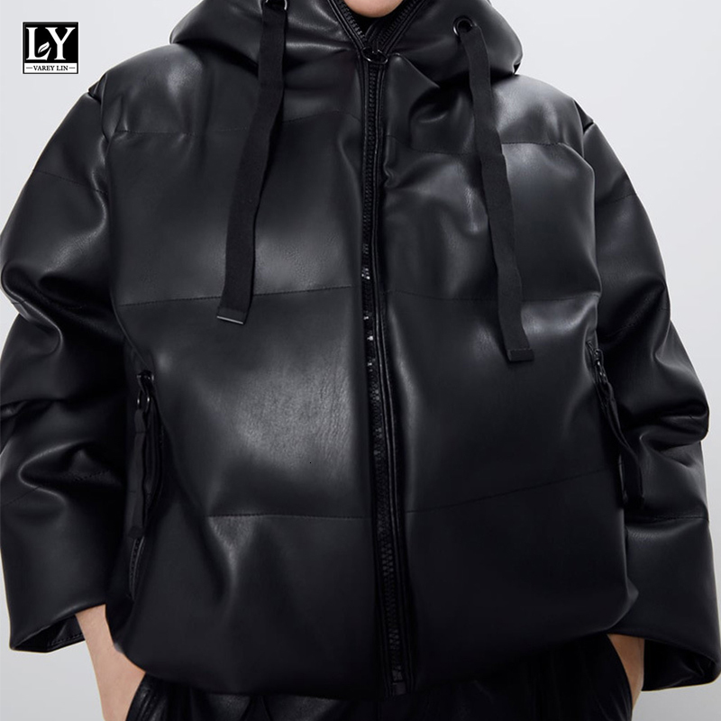 

down Faux Leather Hooded Cotton Jackets New Winter Women Zipper Ribbon Pocket Thick Warm Windproof Female Outerwear, Black