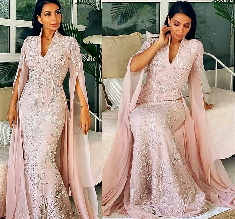 

2021 Pink Beading Evening Dresses Luxury Crystals Long Poet Sleeves V Neck Custom Made Plus Size Prom Party Gown vestidos