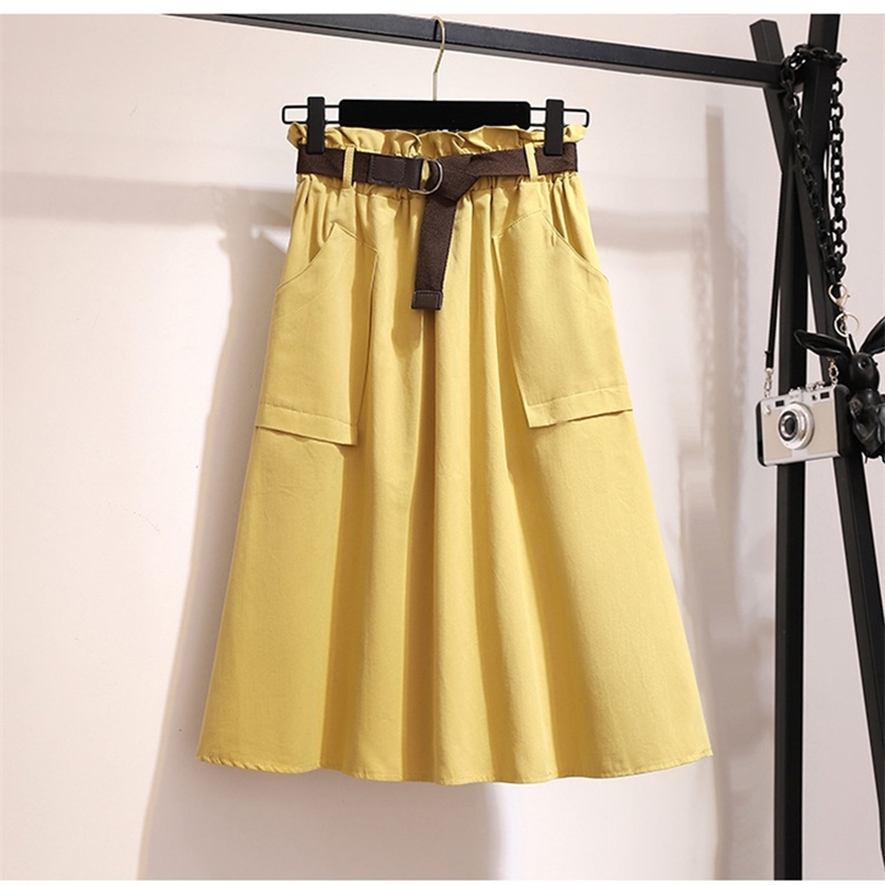 

Midi Knee Length Summer Skirt Women With Belt Spring Casual Cotton Solid High Waist Sun School Female 210607, Black