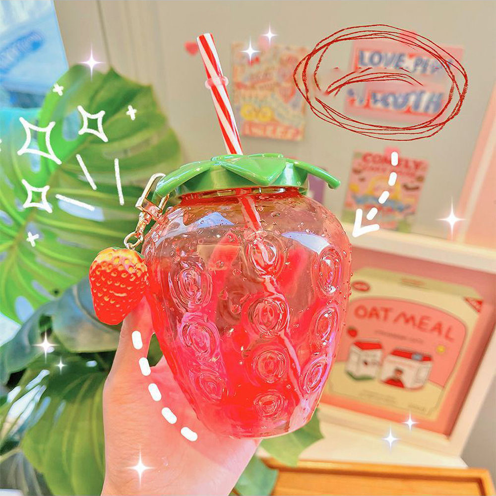 

Ins style net red strawberry straw Tumblers plastic cup cute female hand-held milk tea student portable watercup water bottle