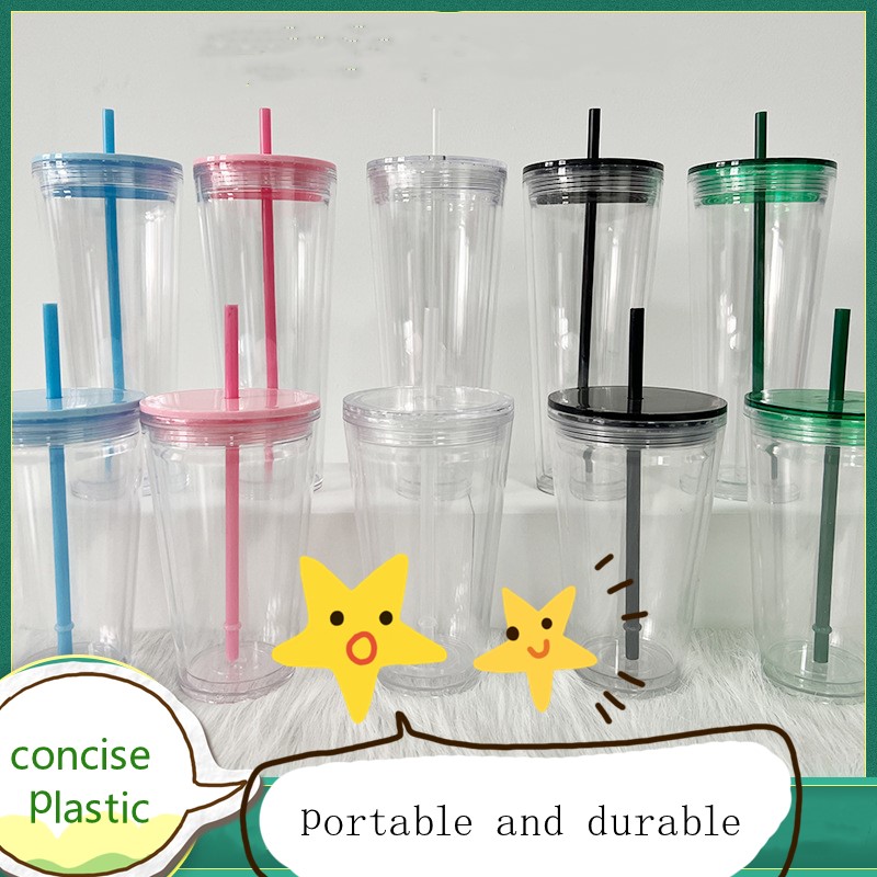 

DIY 24oz 16oz Clear Plastic Tumblers Flat Lid Acrylic Water Bottles with Straw Double Walled Office Coffee Mugs Reusable 710ml 500ml Transparent PS Drinking Cups, Green