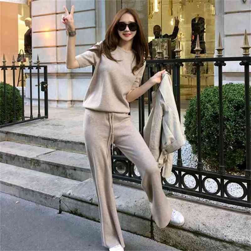 

Female Outfits Autumn Knitted 2 Piece Set Women Half Sleeve Top And Straight Pants Suits Woman Sweater Sets 210525, Gray