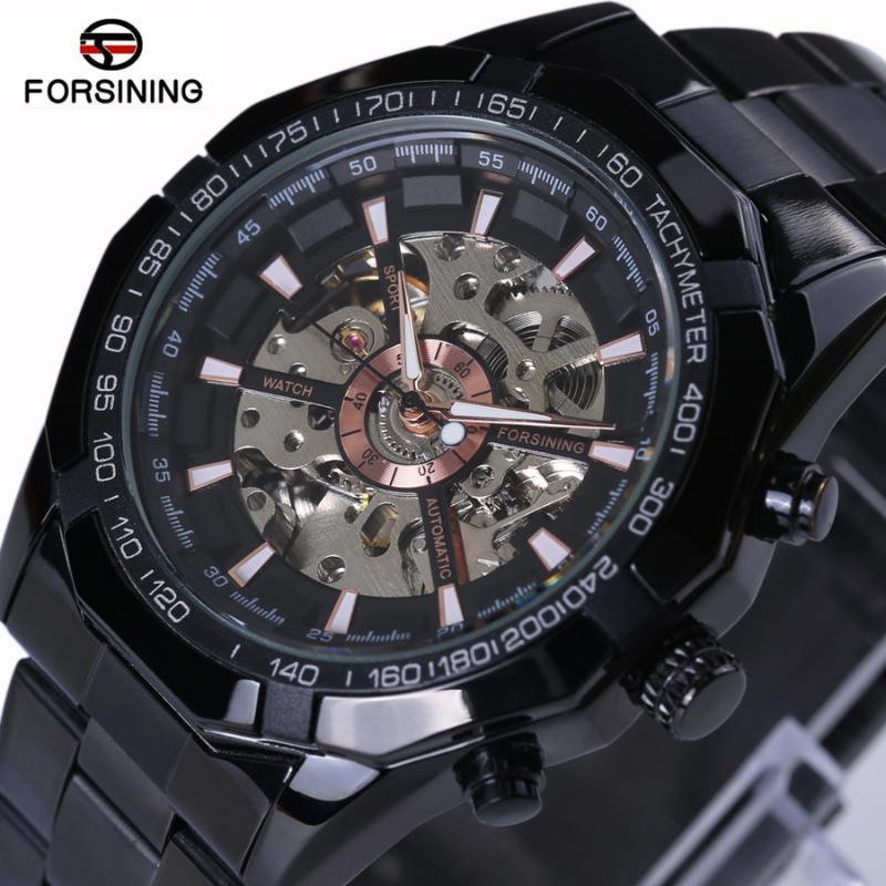 

Forsining 2021 Retro Fashion Designer Skeleton Dial Decoration Full Steel Black Men Automatic Mechanical Watches Wristwatches