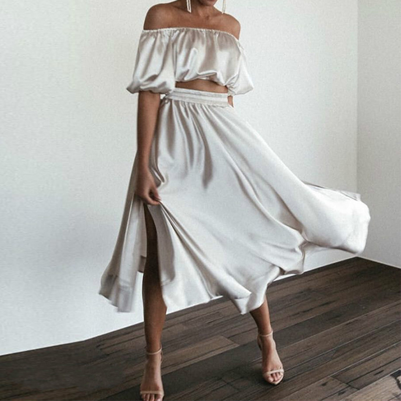 

Women Solid Off-Shoulder Tube Top & Long Skirt Side Slit Sexy Navel Dress 2 Piece Set Fashion Bohemian Summer Suit 210521, Gray white