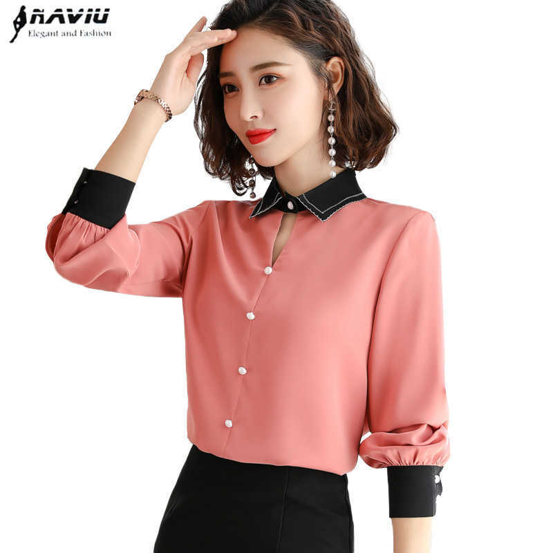

Chiffon Shirt Women Long Sleeve Autumn Loose Lantern Blouse Fashion Temperament Office Ladies Work Uniform 210604, Pink