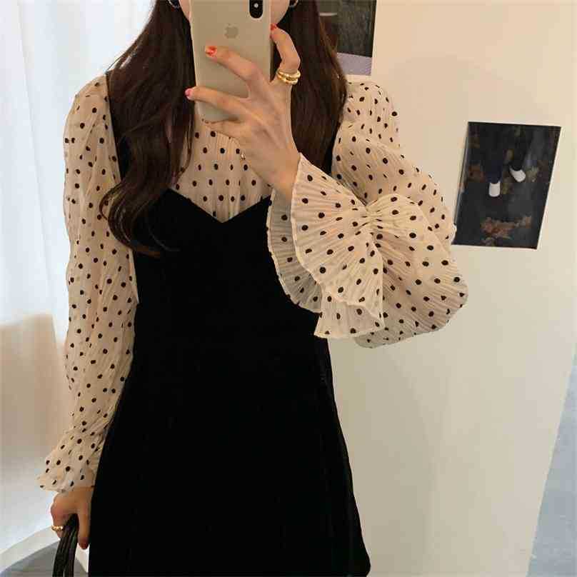 

Women French Retro Dresses Dot Shirt Ball Gown Vest-Dress Velvet Pleated Gentle Elegant Chic Female Fashion 210525, Black