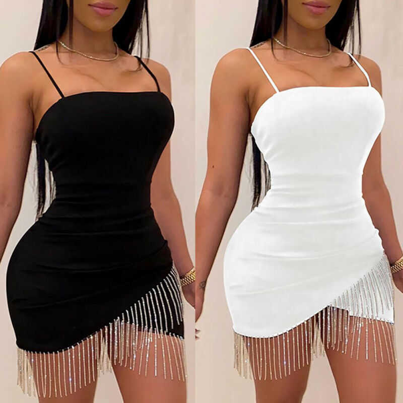 

Robe Crayon Courte, Fendue, Sans Manches pour Femme, Tenue de Soirée, de Fête, d'Anniversaire, à Franges, Moulante, Élégante, à Bretelles,, Black