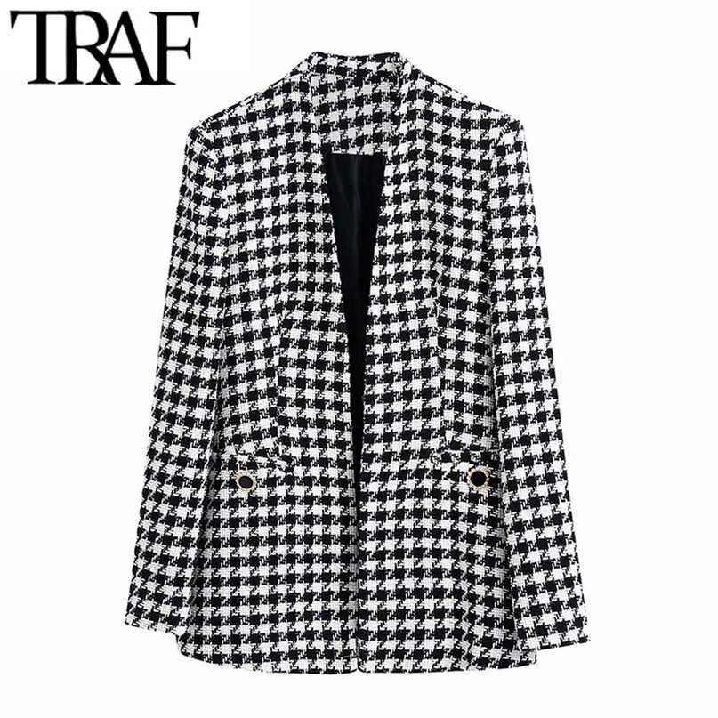 

TRAF Women Fashion Tweed Houndstooth Blazer Coat Vintage Long Sleeve Welt Pockets Female Outerwear Chic Veste 211019, As picture