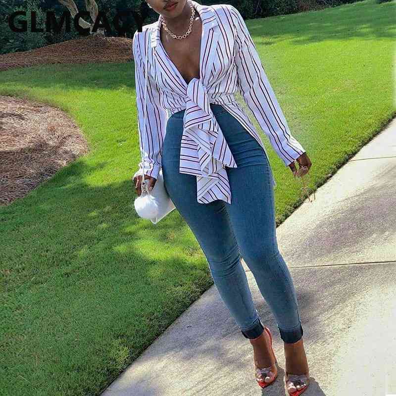 

Women Long Sleeve V Neck Blouse Striped Chic Shirt Tops 210721, Red