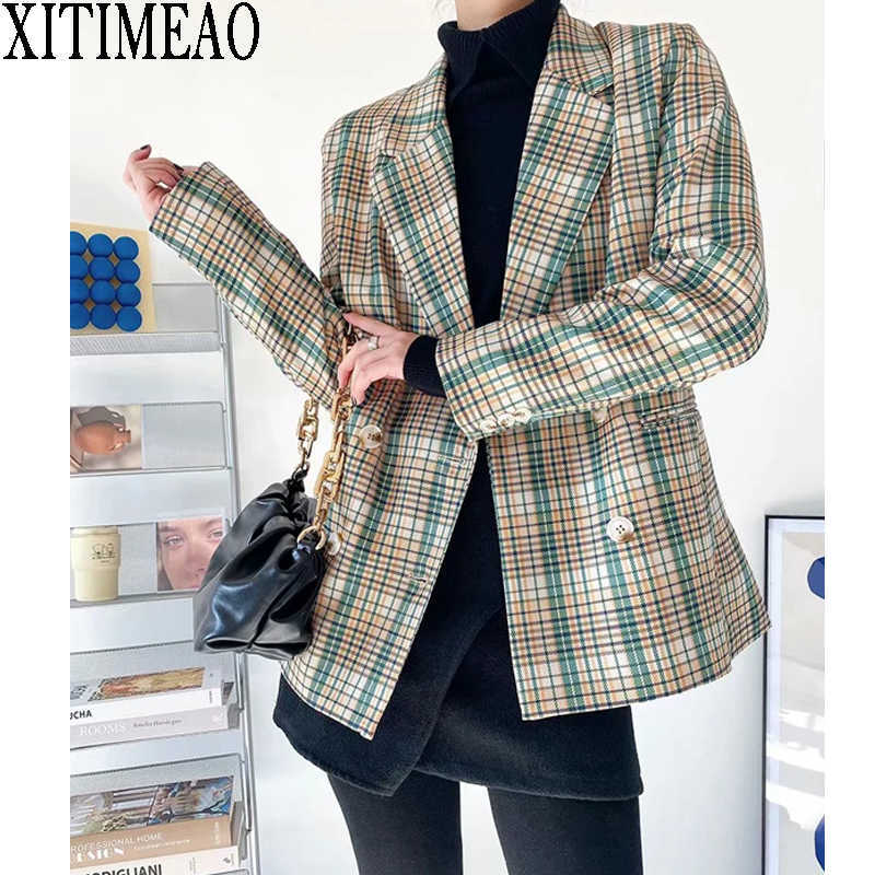 

XITIMEAO Women Fashion Autumn Plaid Suit Work Office Lady Loose Double Breasted Casual Female Blazer Coat 210604, Green