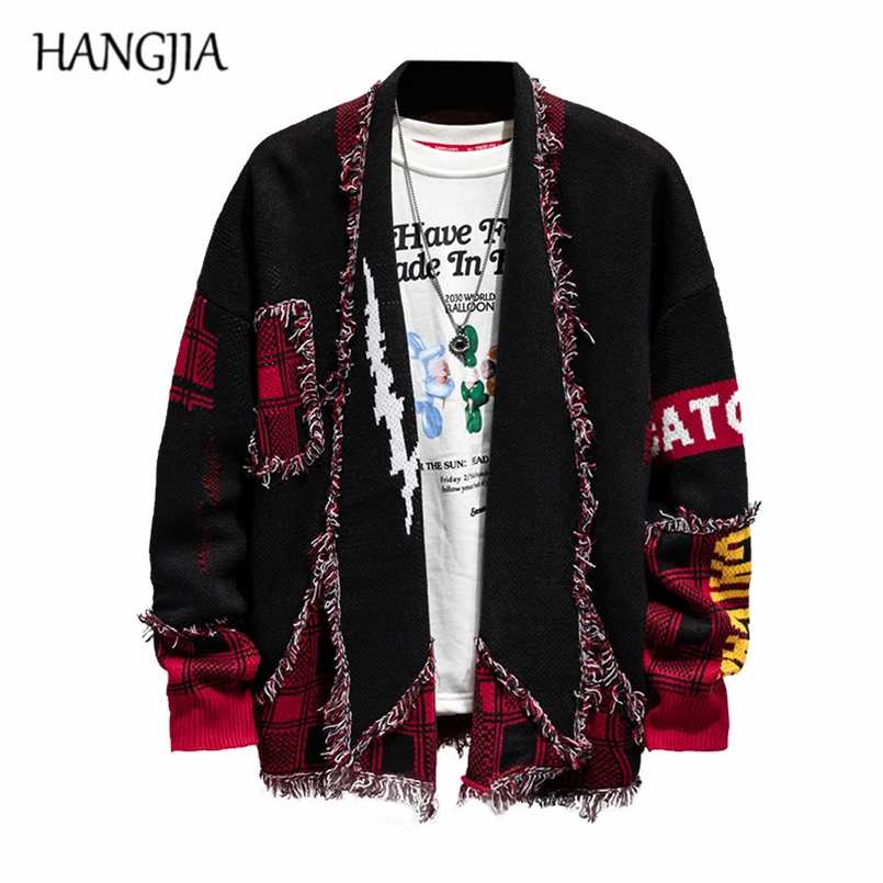 

Hip Hop Colorblock Tassel Cardigan Sweater Harajuku Streetwear Patch Cardigans Outwear Men Raw Edges Plaid Knitted Sweaters 211018, Black