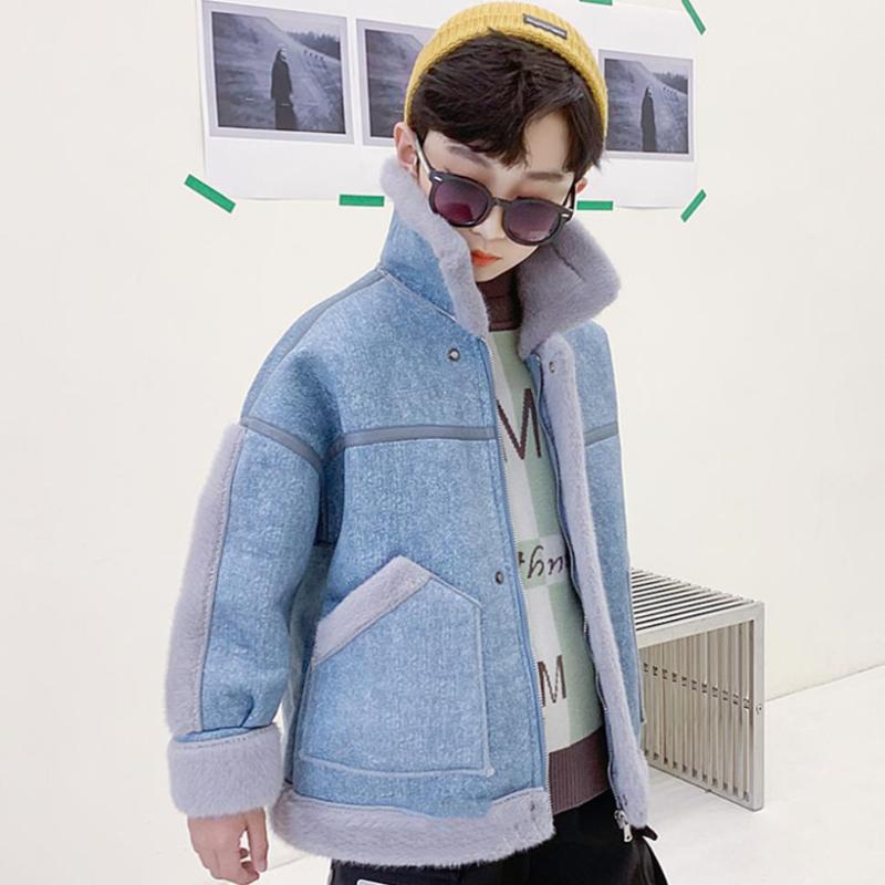 

Jackets Children Winter Faux Fur Coat Suede Lambswool Mink Fleece Thicker Warm Lapel Motorcycle Fashion Jacket For Boys Girls A934, Blue;gray