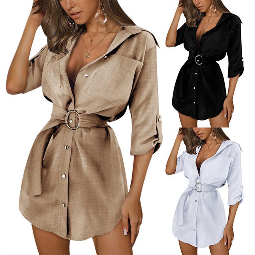 

summer cotton linen office women dresses fashion wild v neck solid color button sashes mini elegant clothing, Black;gray