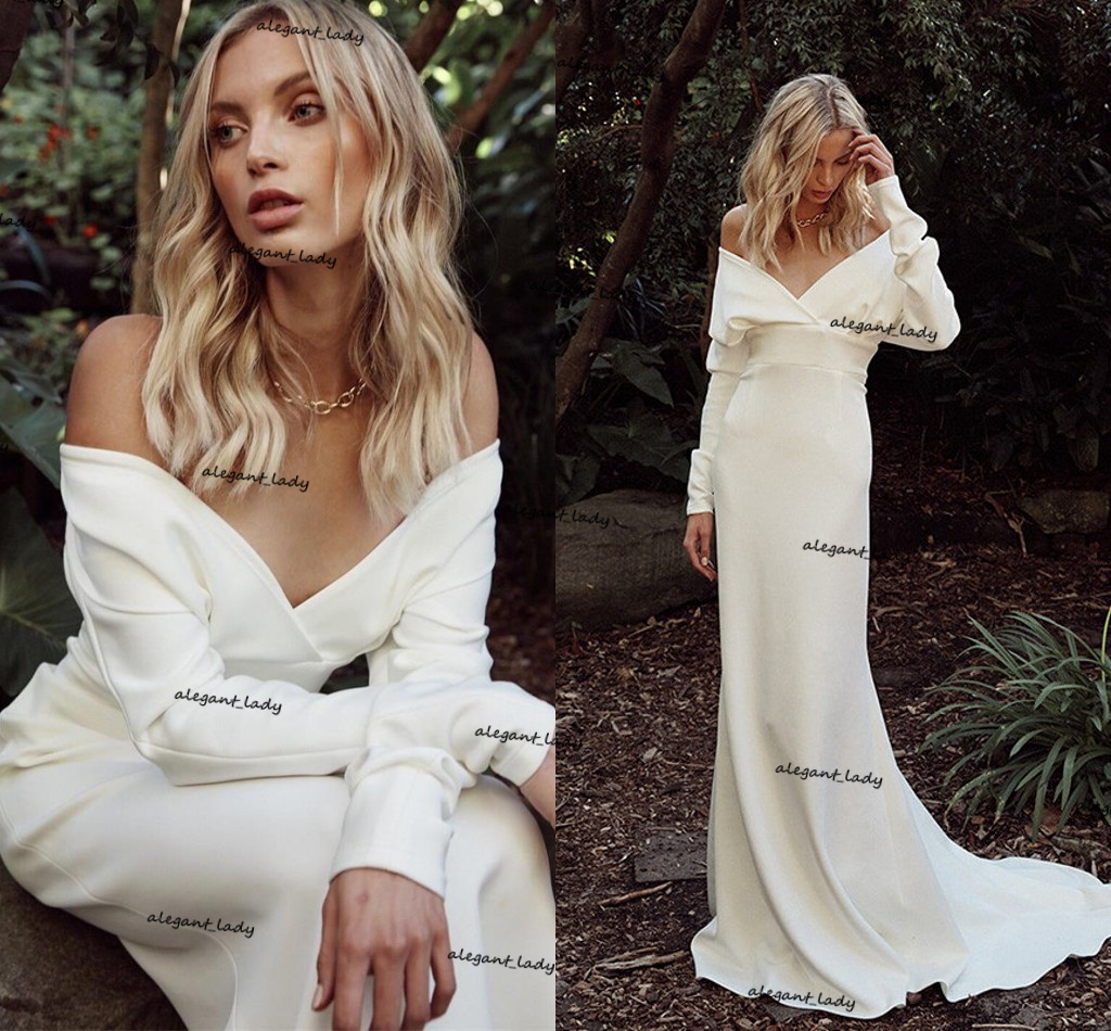 

Vintage Crepe Bohemian Wedding Dresses Off Shoulder Long Sleeve Simple Stain Beach Outdoor Mermaid Bridal Gown bechoyer, Black