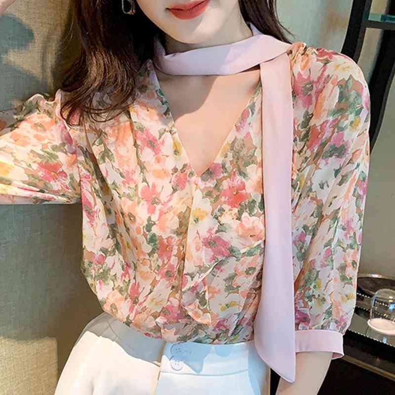 

Blouses Femme Summer Flower Print Chiffon Blouse Shirt Tops Women Blusas Mujer De Moda Verano Bow V-Neck Blouse Women E790 210602, Red flower
