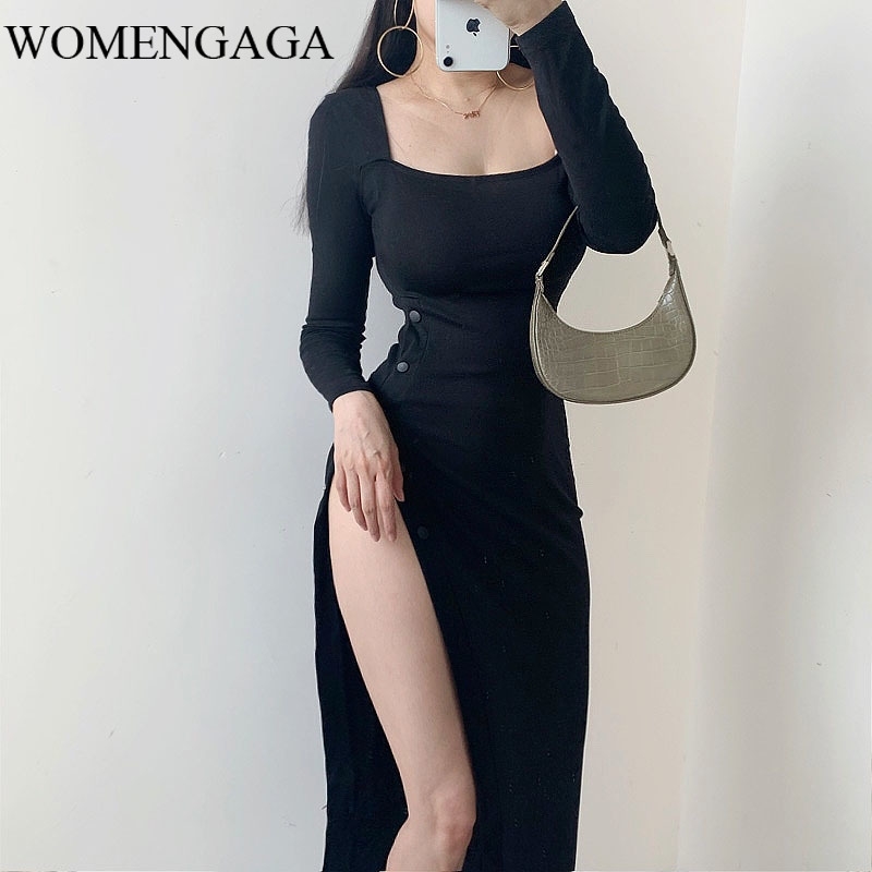 

WOMENGAGA Sexy Fashion Slim Low Chest Square Collar Split Legs Light Ripe Temperament High Waist Leg Long Dress REKJ 210603, Black