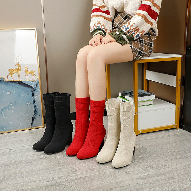 

2022 fashion ladies boots high heel socks boots thick heels outdoor non-slip shoes breathable factory production price discount size 35-43 with box