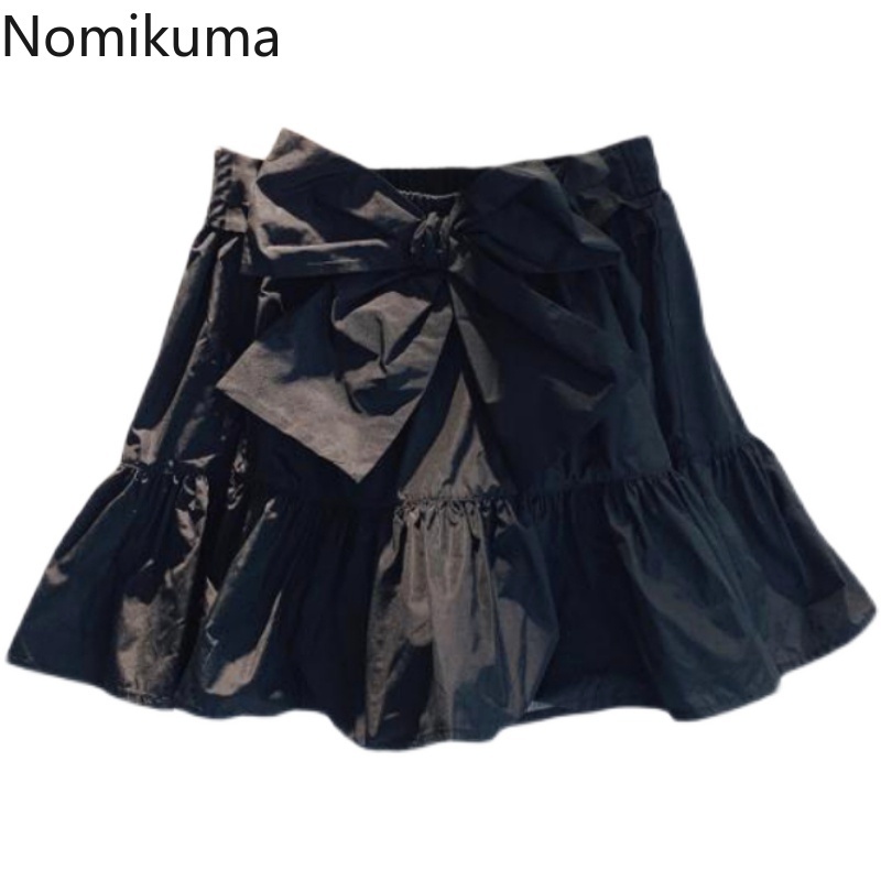 Nomikuma Sweet Bowknot High Waist Skirts Womens Causal Ruffle Patchwork A-line Mini Skirt Spring Faldas Mujer Moda 6G312 210427
