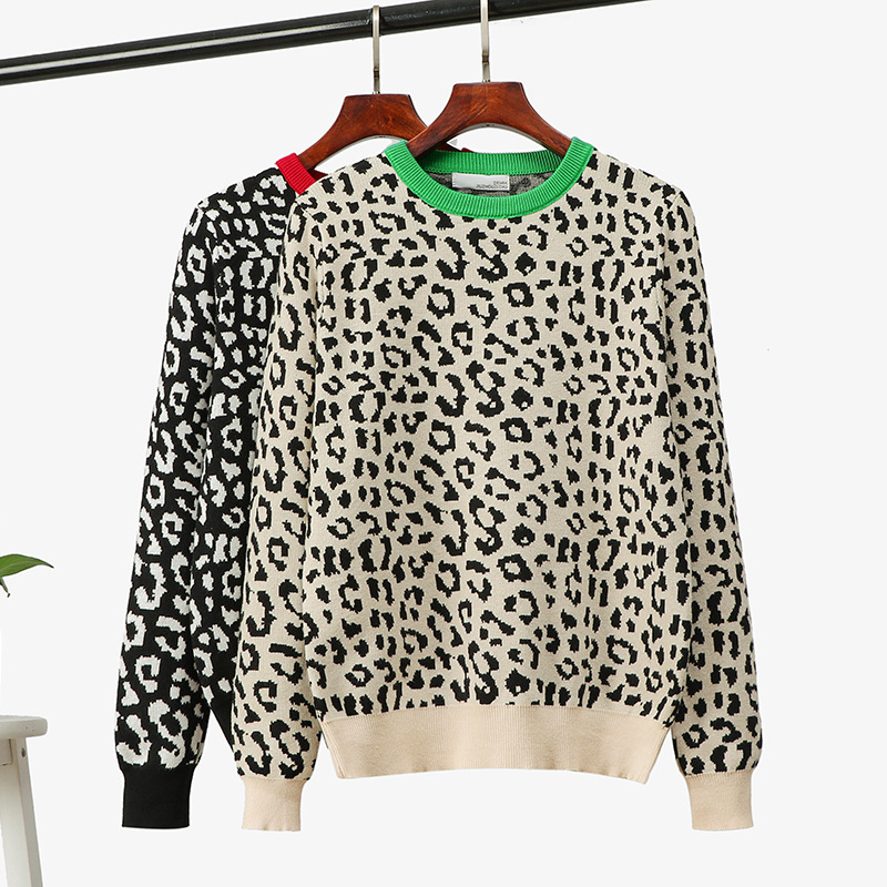 

Autumn Winter Leopard Knitted Sweater Women Casual O-neck Pullovers Streetwear 210520, Apricot