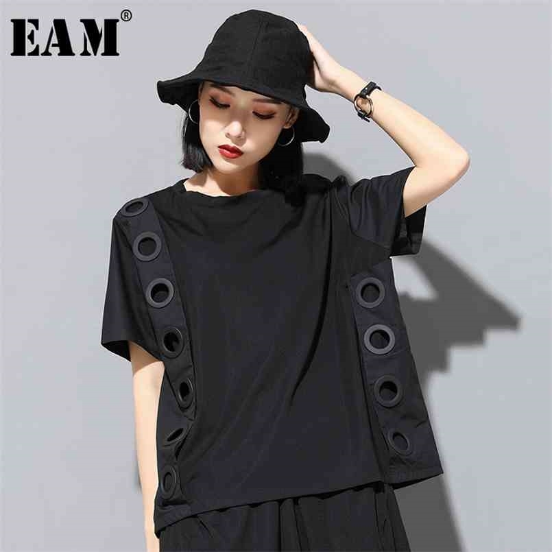 

[EAM] Spring Summer Round Neck Short Sleeve Black Hollow Out Split Joint Big Size T-shirt Women Fashion JW045 210708