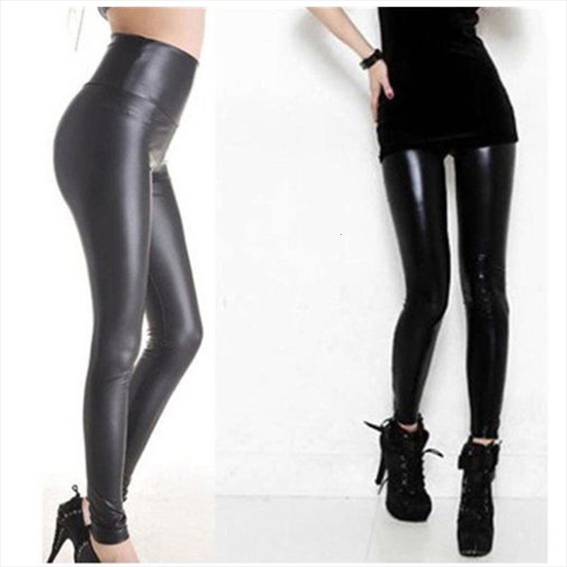 

faux leather high womens leggings elastic waist pencil trousers stretch black slim solid color elegant ladies clothing