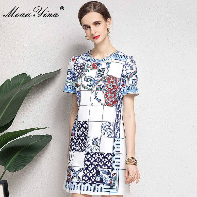 

Summer Runway Mini Dress Women's Short sleeve Brading Fashion Plaid Floral print Elegant 210524, Blue