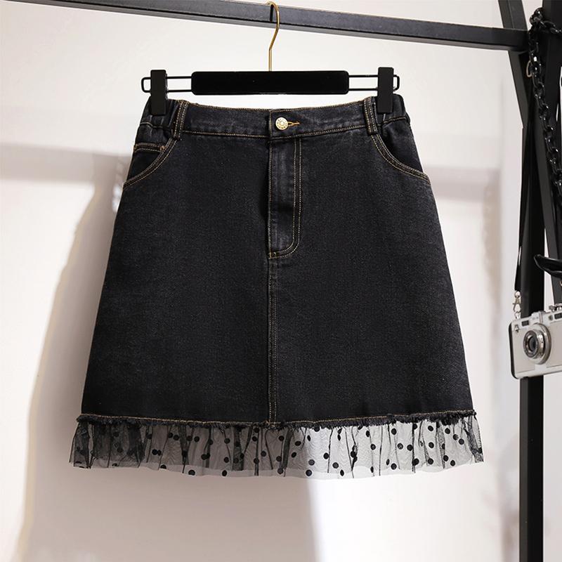

Skirts Women's Black Short Lace Mesh Dot Denim Jean Plus Size 6 XL A Line Spotted Skirt 2021 Summer Large Women Clothes