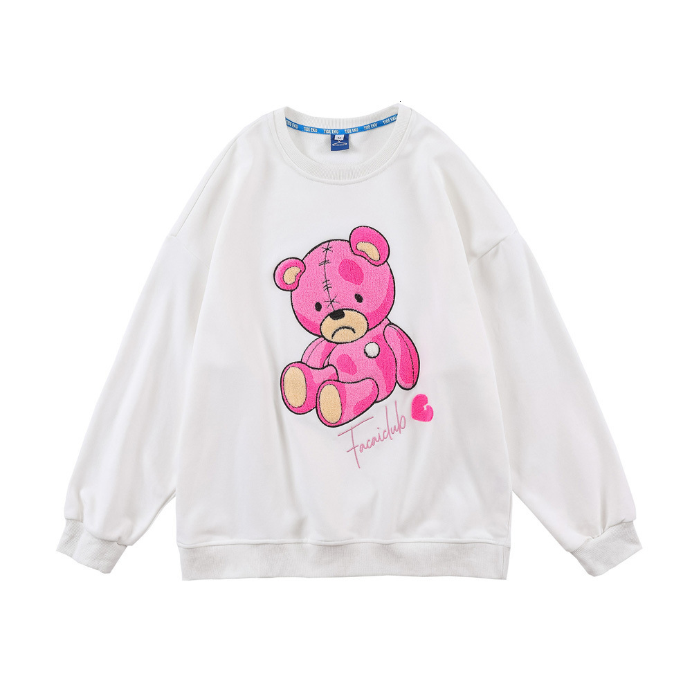 

Sweatshirts Cartoon Bear embroidered sweater mens American fashion brand loose long sleeve top BF lazy wind round neck Pullover Hoodie, White