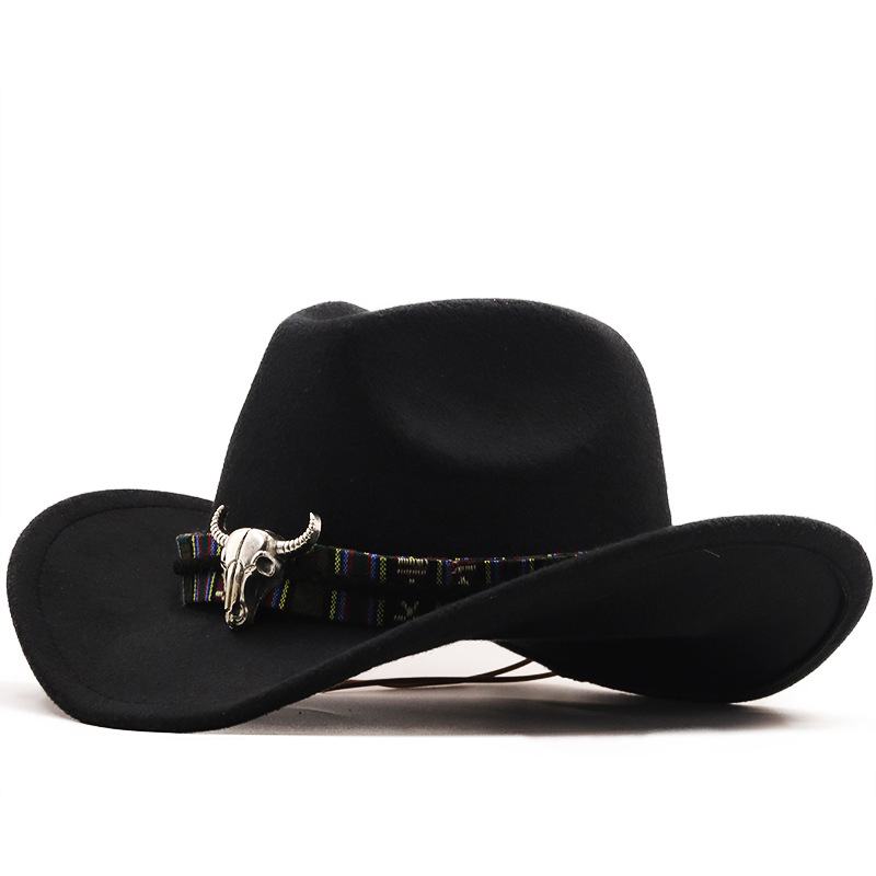 

Europe US cross border western cowboy hat horn woolen jazz top hats men and women ethnic style big - brimmed cap a6