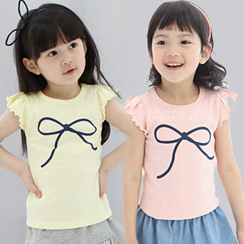 

Summer Female Child Baby Children'S Top Tees Clothing Basic Solid Pure Color Fly Short Sleeve Bow Print T-Shirt Girls Kids 210701, Sky blue