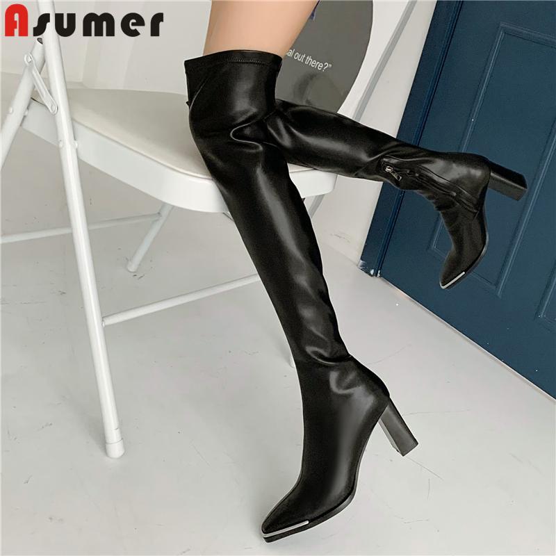 

Boots Asumer Stretch Women High Heels Over The Knee Fashion Square Toe Patent Leather Ladies Shoes, Black