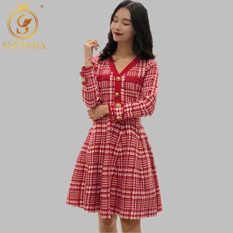 

Fashion Autumn winter Dress Women Elegant Vintage Plaid es Ladies Runway Plus Size Jacquard knitting Sweater 210520, Photo color