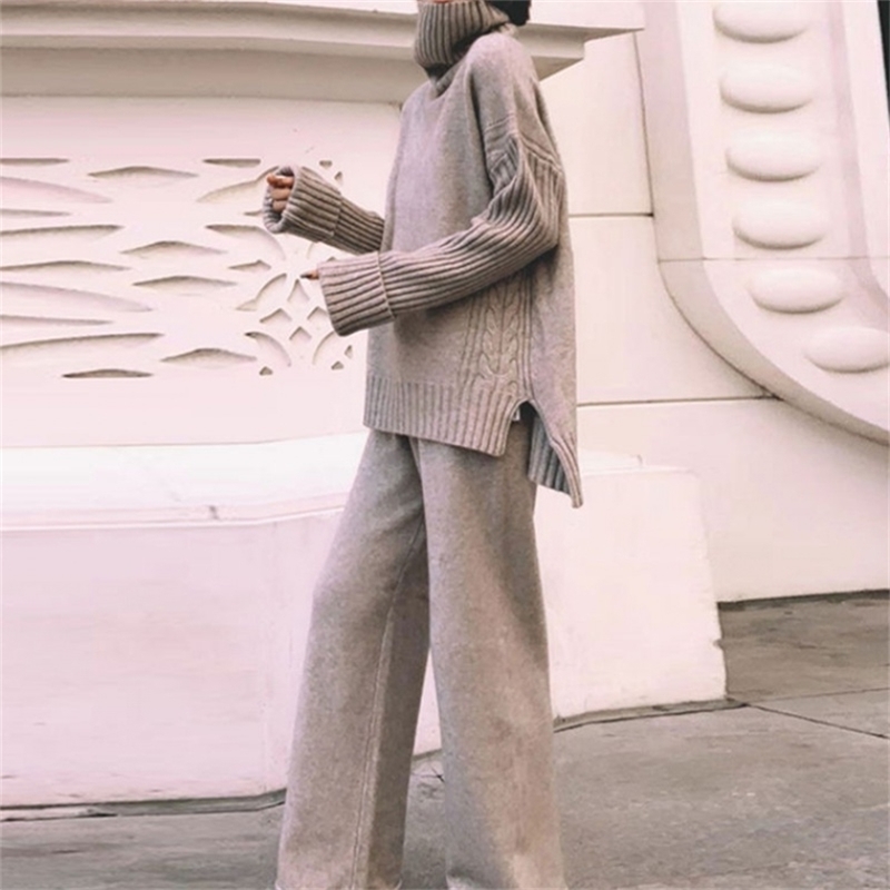 

Two Piece Set Pullover Sweater Tracksuit Women High Waist Knit Wide Leg Pants Suit 2 Winter 210603, Picture color