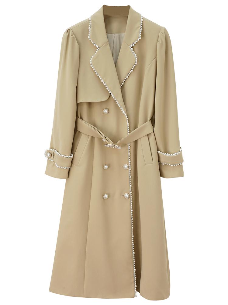 

Women' Trench Coats High Quality Long Coat 2021 Autumn Winter Casual Overcoats Women Beading Belt Deco Apricot Black Windbreaker Outwear