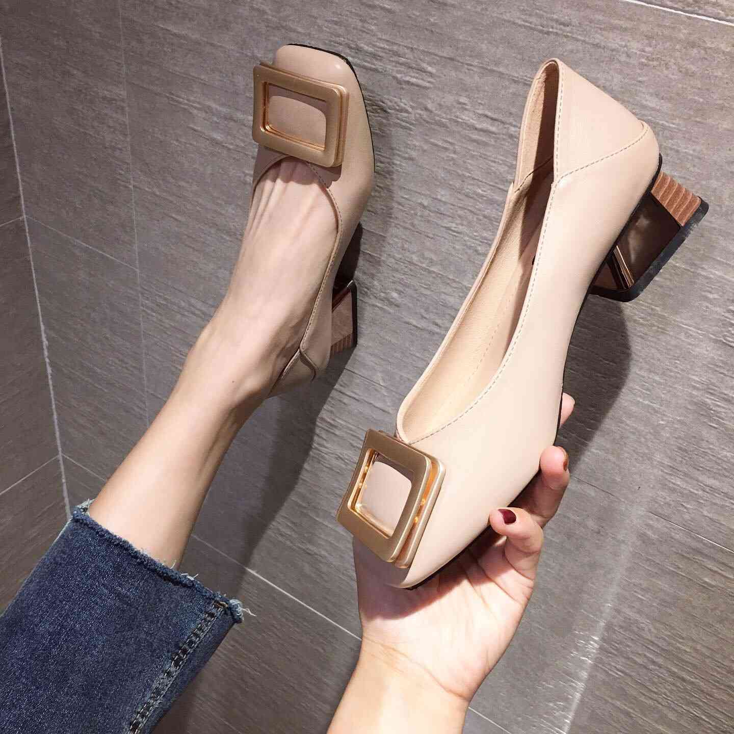 

Square button single shoes Sandals women summer square head shallow mouth middle heel grandma thick fairy versatile work EBO5, 1# shoe box