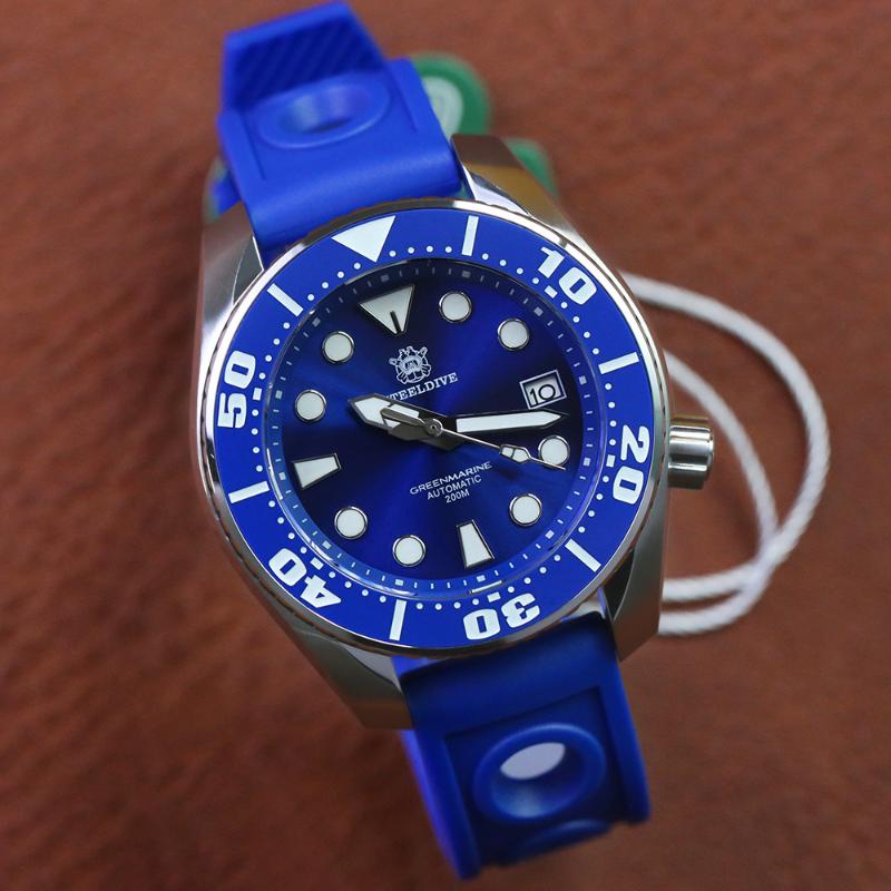 

Japan NH35 Sapphire Crystal Watches For Men Diver Watch Automatic Mechanical Movement C3 Luminous Wristwatches, Blue-blu-silicn-logo