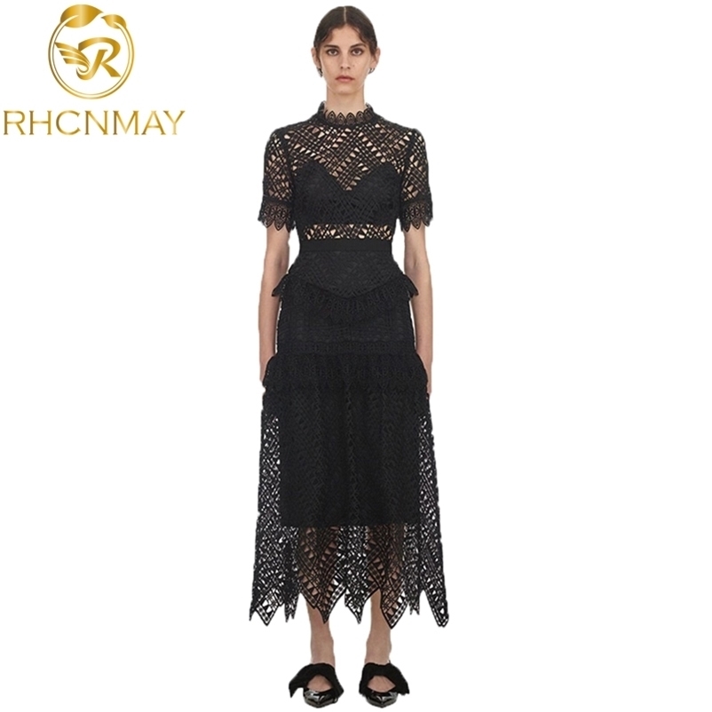 

Self-Portrait Long Lace Women Dress Runway Spring Summer Ruffles Short Sleeve Patchwork Vintage Hollow Out 210520, Black