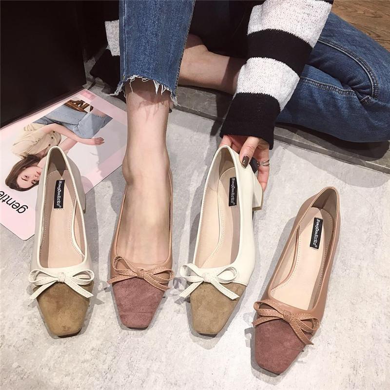 

Dress Shoes Stitching Square Toe OL Pumps Bow-knot Shallow Work Ladies Single Elegant Comfy Chunky High Heels Slip On Woman Footwear, Pink