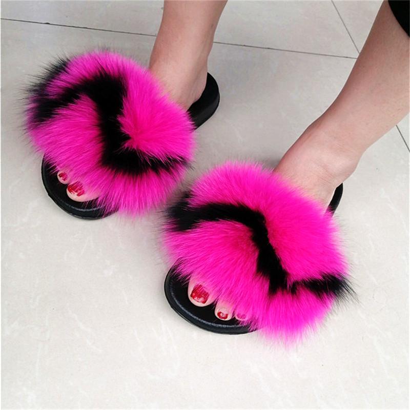 

Slippers Women's Fur Fluffy Woman Slides Lovely Plush Real Hair Colorful Furry Ladies Flip Flops Party Sandals, Black