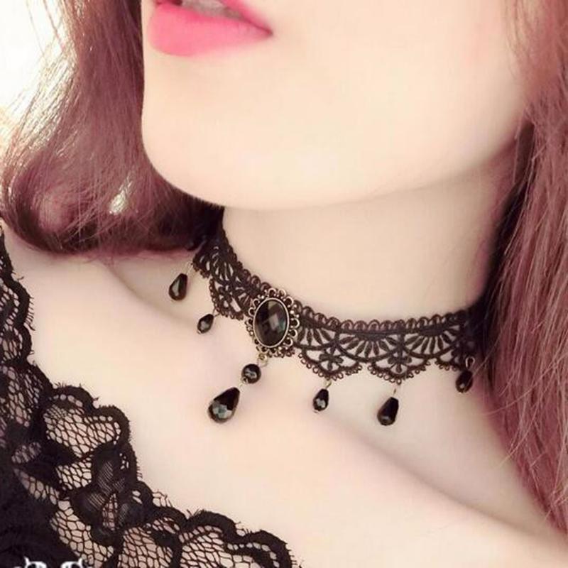

Chokers Fashion Collares Sexy Gothic Crystal Black Lace Neck Choker Necklace Vintage Victorian Women Chocker Steampunk Jewelry
