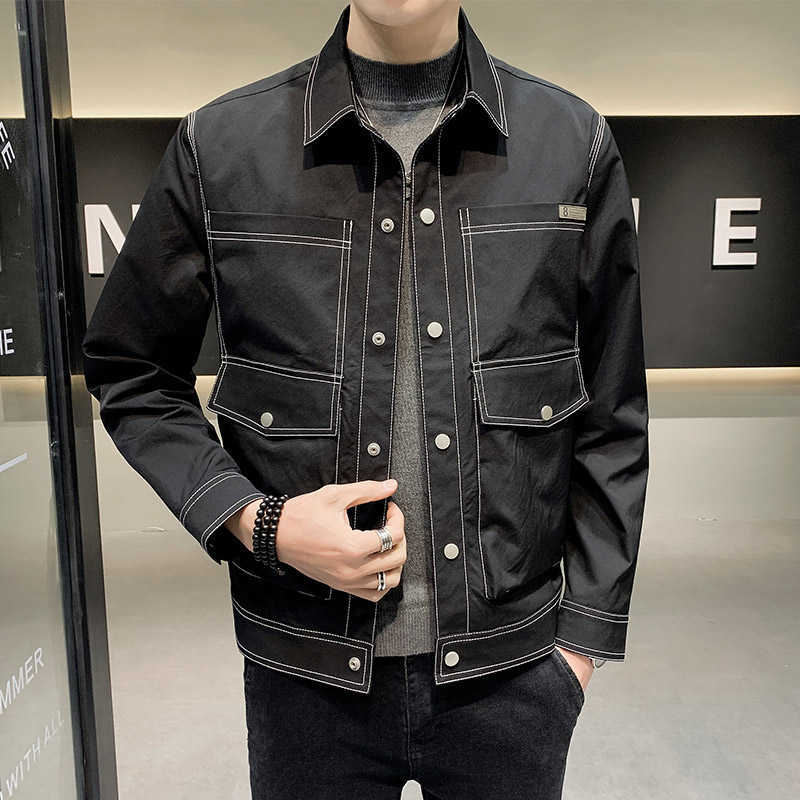 

Korean Jacket Men Spring Autumn Fashion Turn-down Collar Lapel Jacket Short Business Casual Dress Coats for Man Clothing 210527, Black