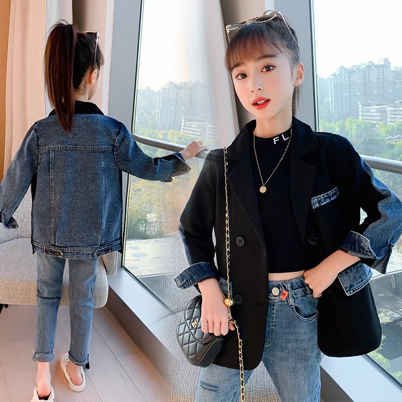 

Teen Girls Boys Blazer Coat Stitching Denim Jackets Children Spring Autumn Double Breasted Black Formal Coats Clothes, Beige