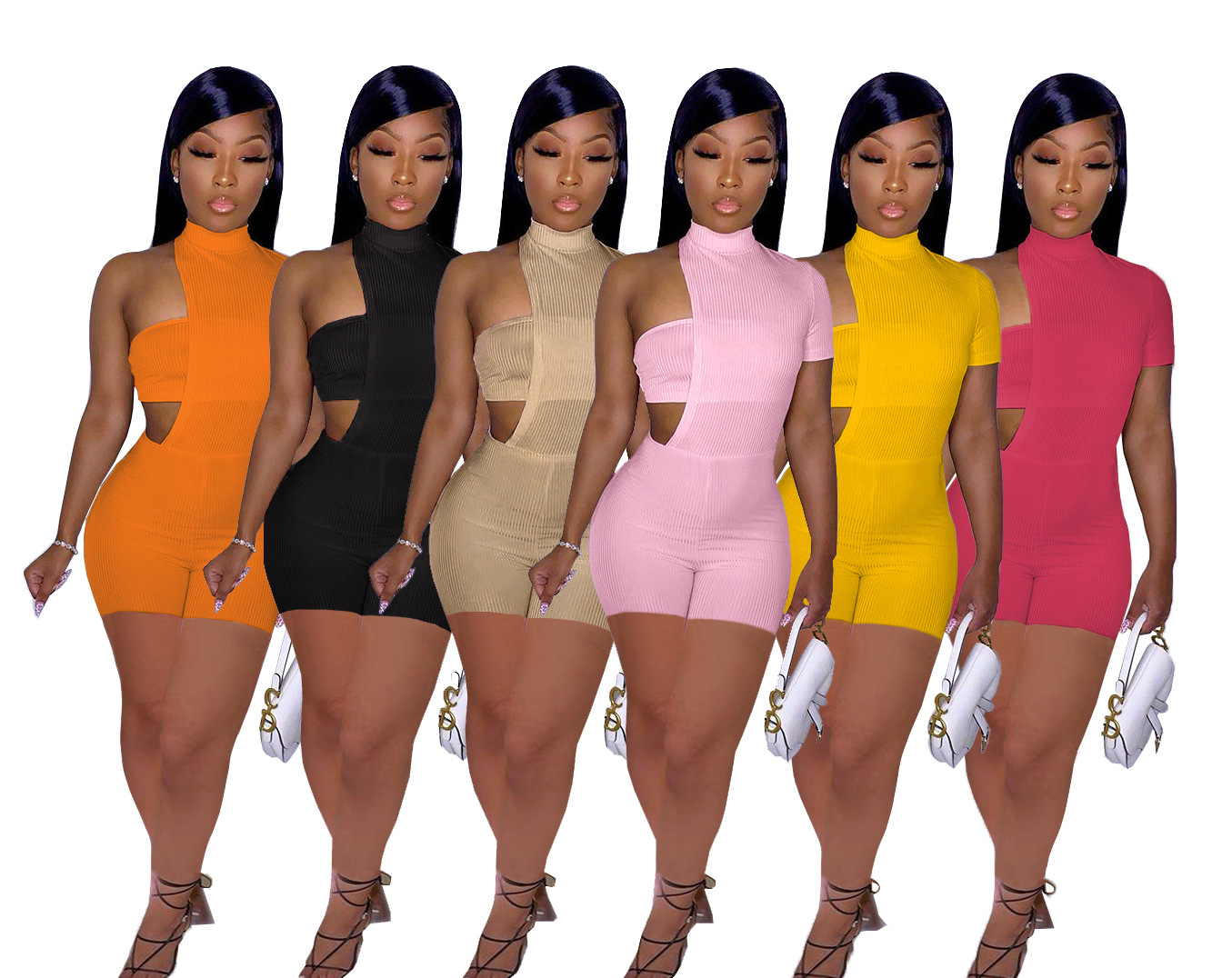 Sexy Asymmetry Women Two Piece Set Knit Ribbed Jumpsuit + Strapless Tracksuit Streetwear Sportsuit Outfit-image-703569760