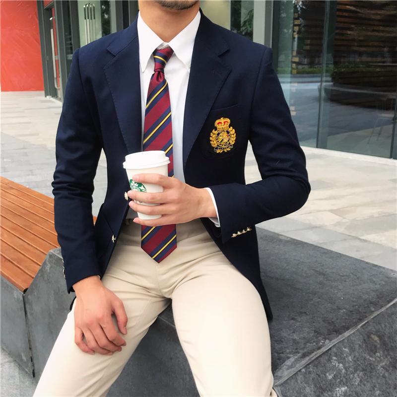 

Men's Suits & Blazers High Quality Suit Jacket Korean Style British College Gentleman Fashion Badge Design Dark Blue Blazer